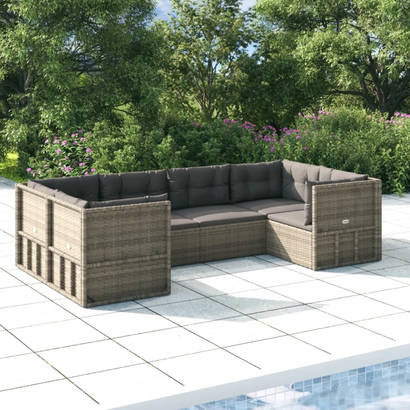 vidaXL Set de muebles de jardín 6 pzas y cojines ratán sintético gris vidaXL Set de muebles de jardín 6 pzas y cojines ratán sintético gris