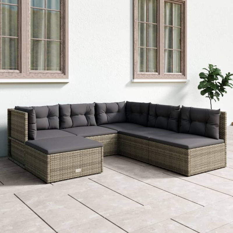 vidaXL Set de muebles de jardín 6 pzas y cojines ratán sintético gris vidaXL Set de muebles de jardín 6 pzas y cojines ratán sintético gris