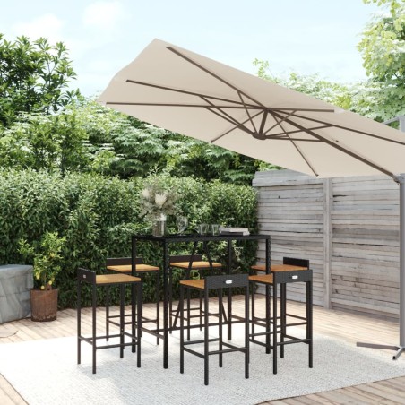 vidaXL Mesa bar y taburetes jardín 7 pzas madera acacia ratán PE negro