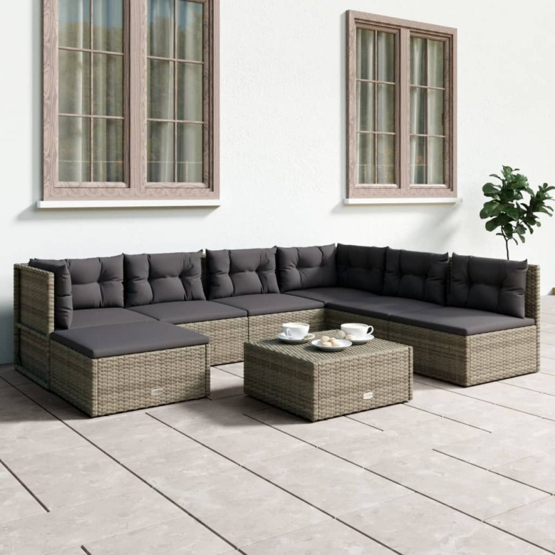 vidaXL Set de muebles de jardín 7 pzas y cojines ratán sintético gris vidaXL Set de muebles de jardín 7 pzas y cojines ratán sintético gris