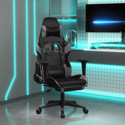 vidaXL Silla gaming de masaje y reposapiés cuero sintético negro gris