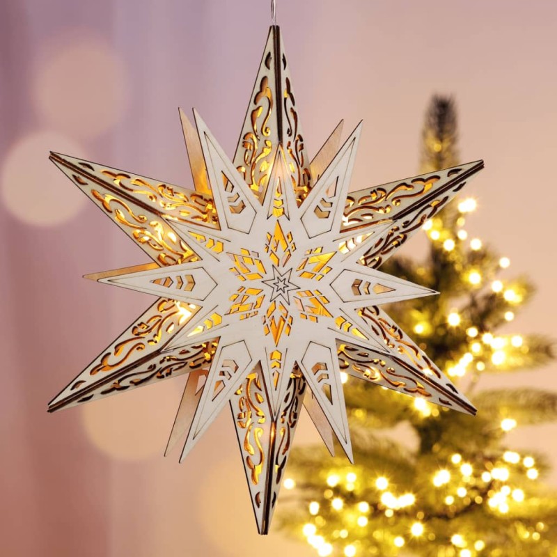 HI Estrella de madera tallada iluminada HI Estrella de madera tallada iluminada