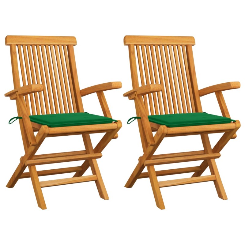 vidaXL Sillas de jardín 2 uds madera maciza de teca con cojines verdes vidaXL Sillas de jardín 2 uds madera maciza de teca con cojines verdes