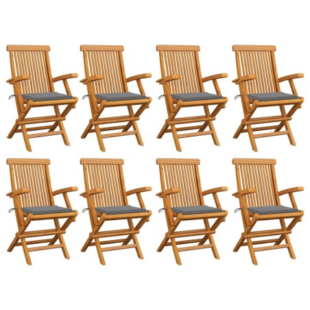 vidaXL Sillas de jardín 8 uds madera maciza de teca con cojines grises