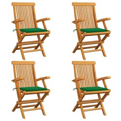 vidaXL Sillas de jardín 4 uds madera maciza de teca con cojines verdes
