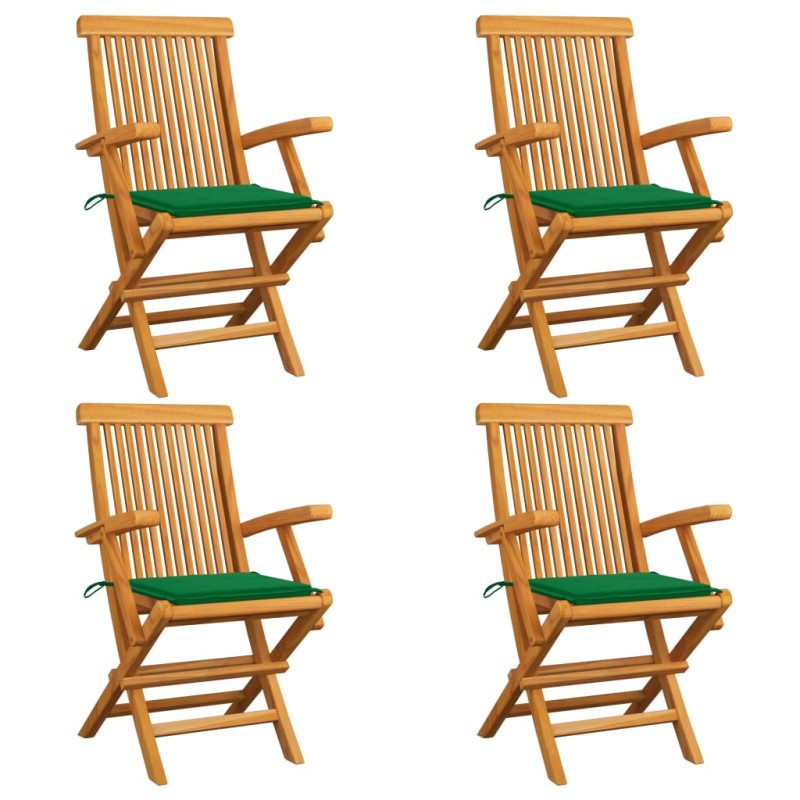 vidaXL Sillas de jardín 4 uds madera maciza de teca con cojines verdes