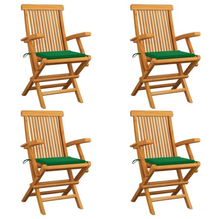 vidaXL Sillas de jardín 4 uds madera maciza de teca con cojines verdes