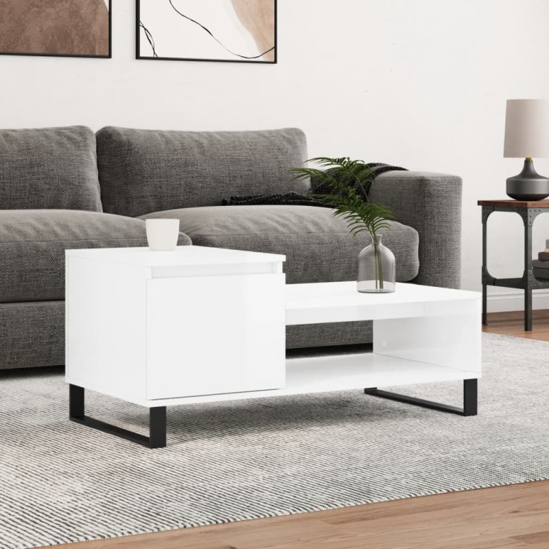 vidaXL Mesa de centro madera contrachapada blanco brillo 100x50x45 cm