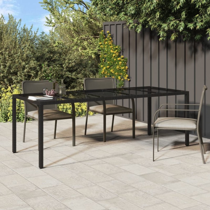 vidaXL Mesa de jardín de vidrio templado ratán PE negra 250x100x75 cm