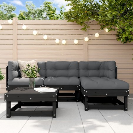 vidaXL Juego de sofás de jardín 5 piezas madera maciza de pino negro