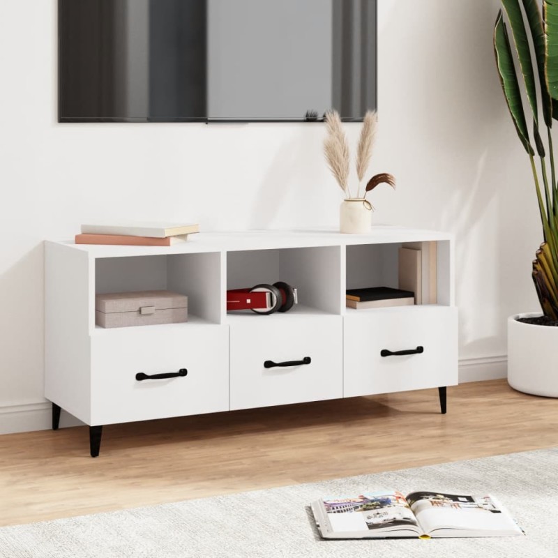 vidaXL Mueble de TV madera contrachapada blanco 102x35x50 cm vidaXL Mueble de TV madera contrachapada blanco 102x35x50 cm