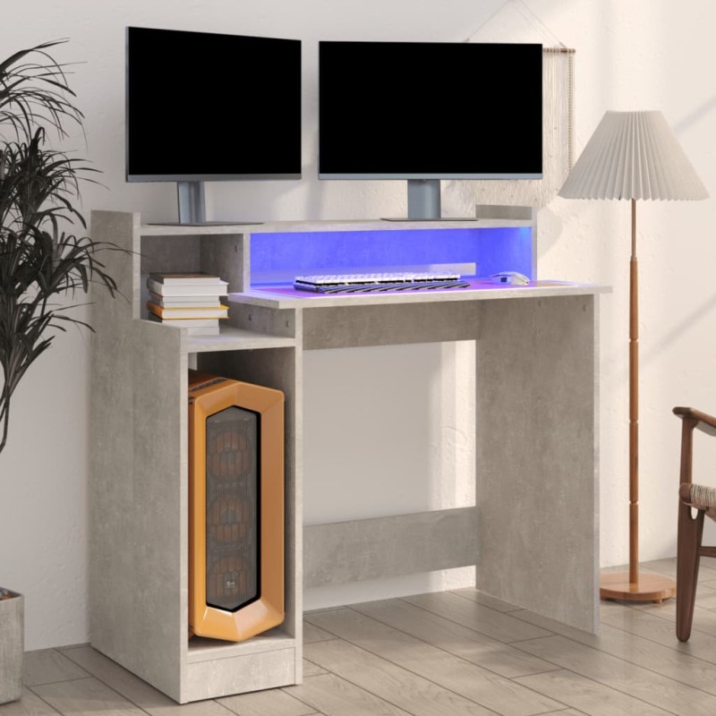 vidaXL Escritorio LED madera contrachapada gris hormigón 97x45x90 cm vidaXL Escritorio LED madera contrachapada gris hormigón 97x45x90 cm