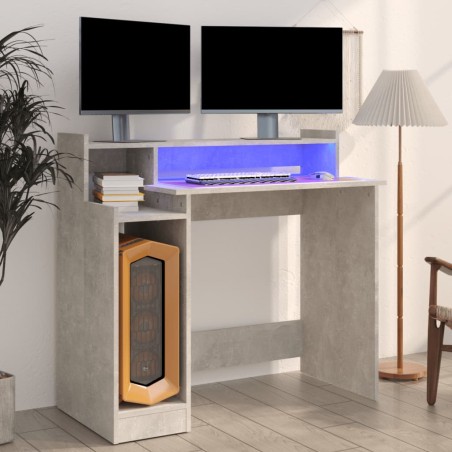 vidaXL Escritorio LED madera contrachapada gris hormigón 97x45x90 cm