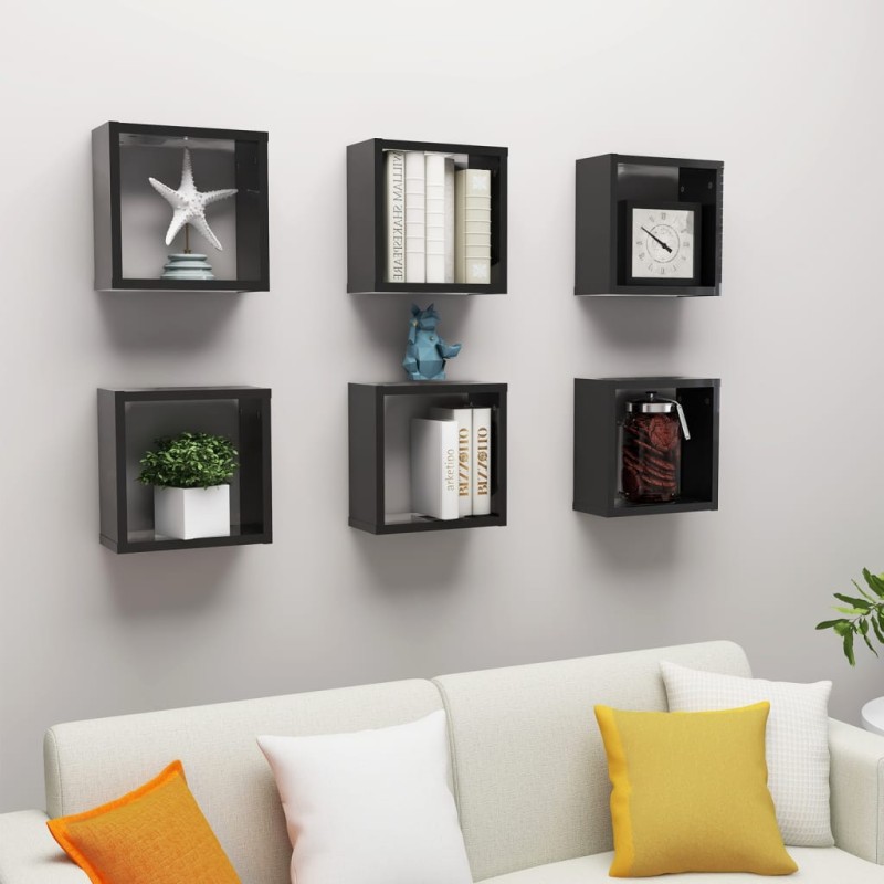 vidaXL Estantes cubo de pared 6 unidades negro brillo 30x15x30 cm vidaXL Estantes cubo de pared 6 unidades negro brillo 30x15x30 cm