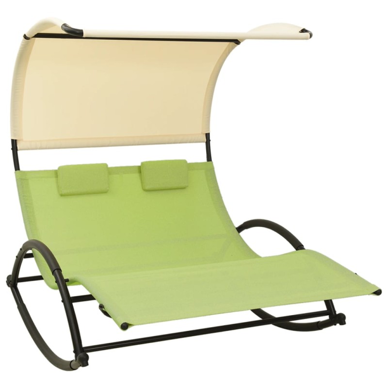 vidaXL Tumbona doble con toldo textilene color crema y verde vidaXL Tumbona doble con toldo textilene color crema y verde