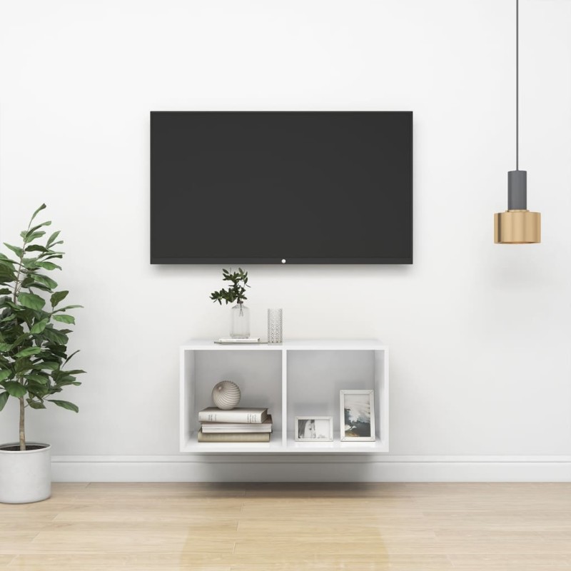 vidaXL Mueble TV pared madera contrachapada blanco brillo 37x37x72 cm vidaXL Mueble TV pared madera contrachapada blanco brillo 37x37x72 cm