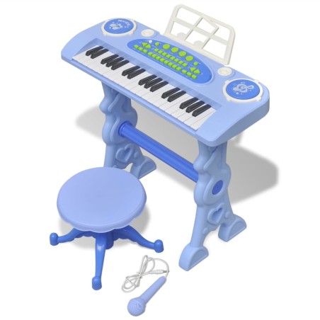 Piano de juguete de 37 teclas con taburete/micrófono para niños (Azul)