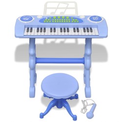 Piano de juguete de 37 teclas con taburete/micrófono para niños (Azul)