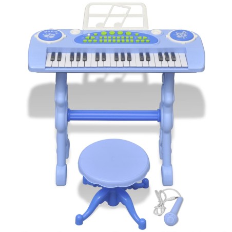 Piano de juguete de 37 teclas con taburete/micrófono para niños (Azul)
