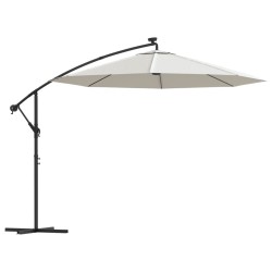 vidaXL Sombrilla colgante con luces LED y palo metálico 300 cm arena