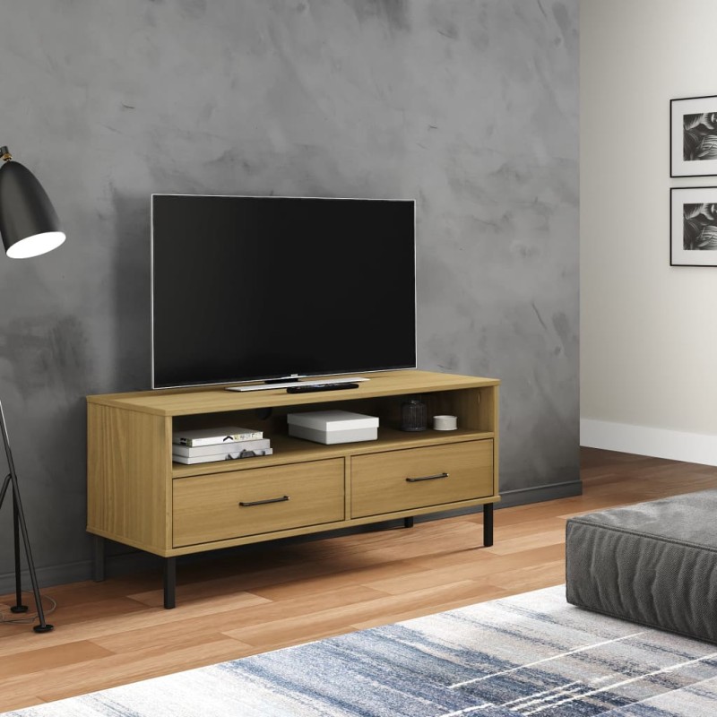 vidaXL Mueble de TV con patas de metal OSLO madera maciza pino marrón