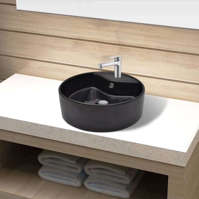 Lavabo de cerámica con agujero para grifo/desagüe negro redondo Lavabo de cerámica con agujero para grifo/desagüe negro redondo