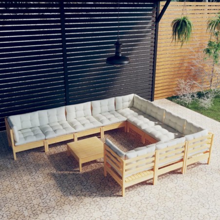 vidaXL Muebles de jardín 11 piezas y cojines madera de pino crema