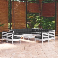 vidaXL Muebles de jardín 12 pzas con cojines blanco madera maciza pino