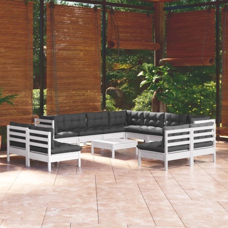 vidaXL Muebles de jardín 12 pzas con cojines blanco madera maciza pino
