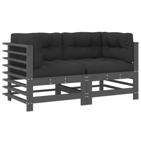vidaXL Sofás esquineros con cojines 2 uds madera maciza de pino gris