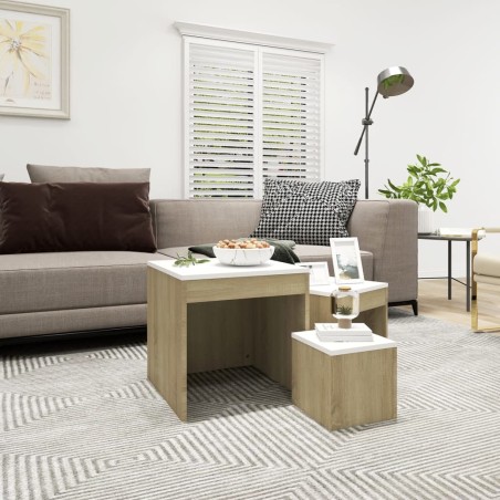vidaXL Mesas apilables 3 pzas madera contrachapada blanco roble Sonoma