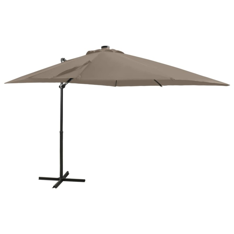 vidaXL Sombrilla voladiza con poste y luces LED gris taupé 250 cm vidaXL Sombrilla voladiza con poste y luces LED gris taupé 250 cm