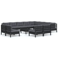 vidaXL Muebles de jardín 13 pzas con cojines negro madera maciza pino