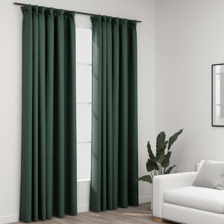 vidaXL Cortinas opacas con ganchos look de lino 2 pzas verde 140x225cm