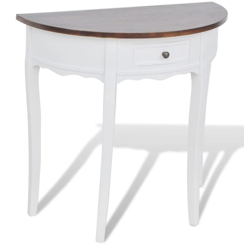 vidaXL Mesa consola semicircular con cajón blanca y superficie marrón vidaXL Mesa consola semicircular con cajón blanca y superficie marrón