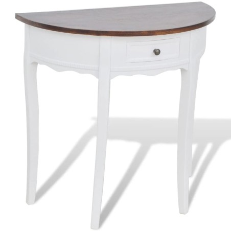 vidaXL Mesa consola semicircular con cajón blanca y superficie marrón 