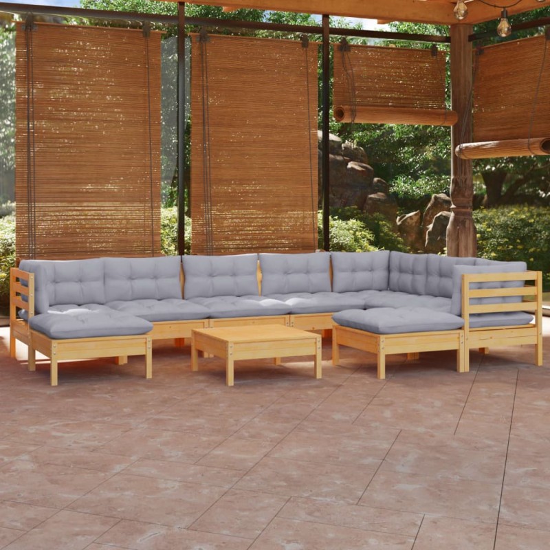 vidaXL Juego de muebles de jardín 10 pzas y cojines madera maciza pino