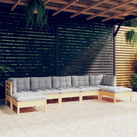 vidaXL Juego de muebles de jardín 7 pzas y cojines madera pino gris