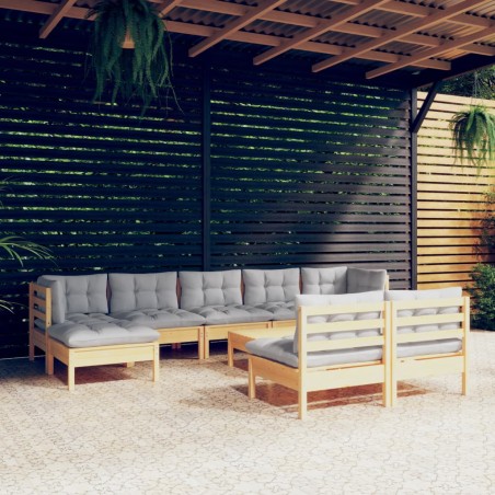 vidaXL Juego de muebles de jardín 10 pzas y cojines madera pino gris