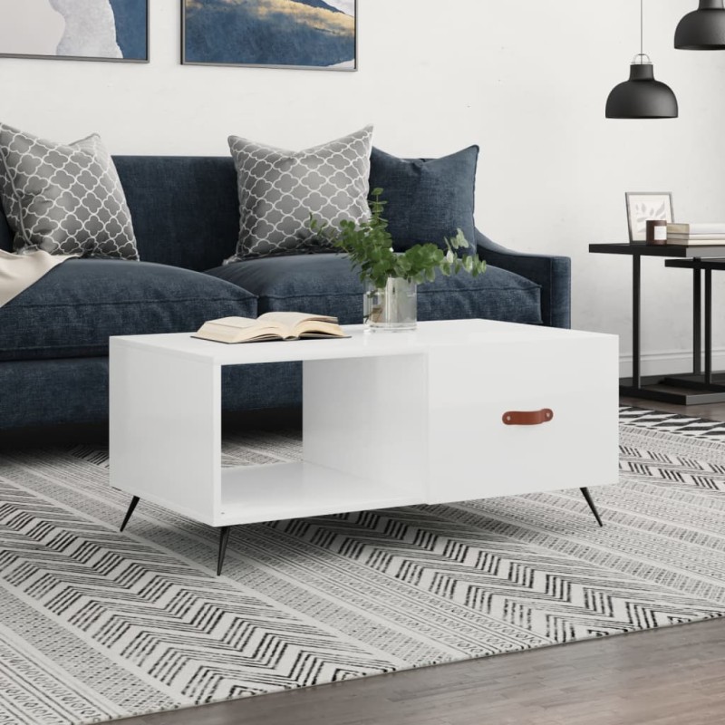 vidaXL Mesa de centro madera contrachapada blanco brillo 90x50x40 cm vidaXL Mesa de centro madera contrachapada blanco brillo 90x50x40 cm