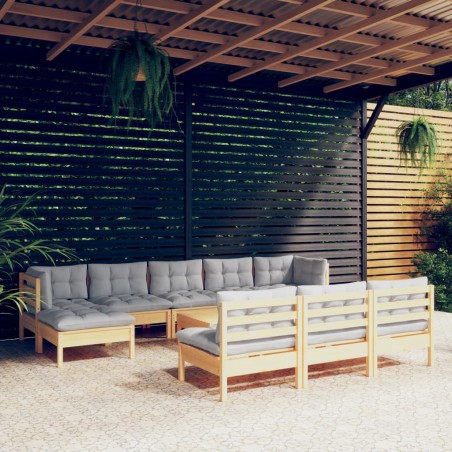 vidaXL Juego de muebles de jardín 11 pzas y cojines madera pino gris