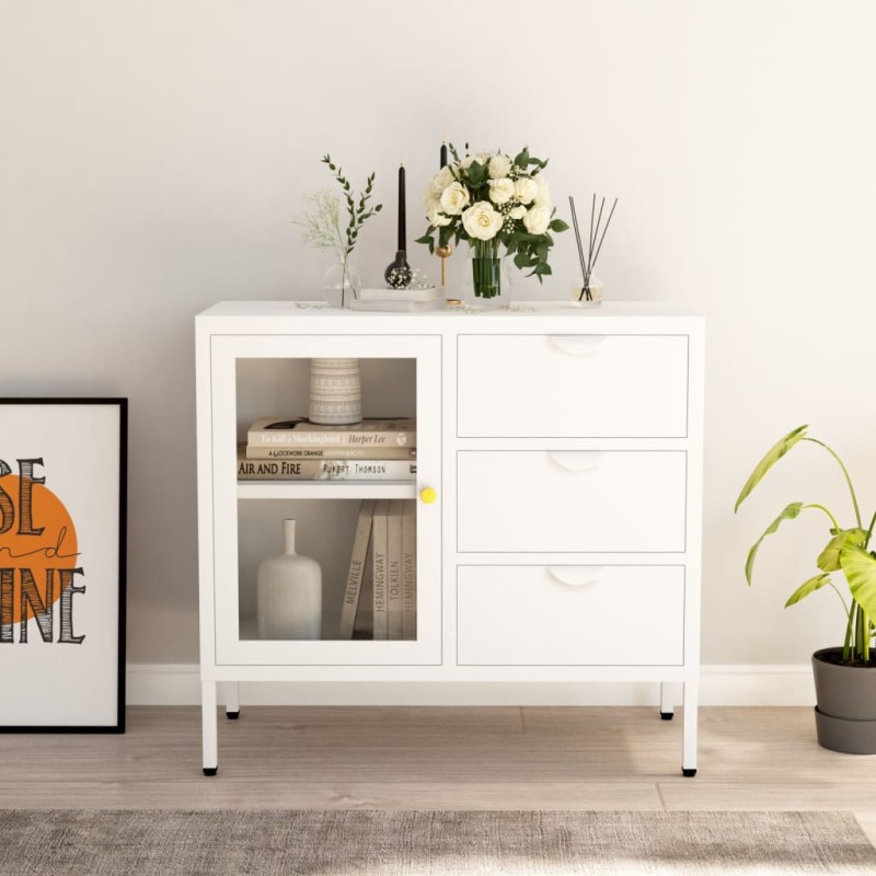 vidaXL Aparador de acero y vidrio templado blanco 75x35x70 cm