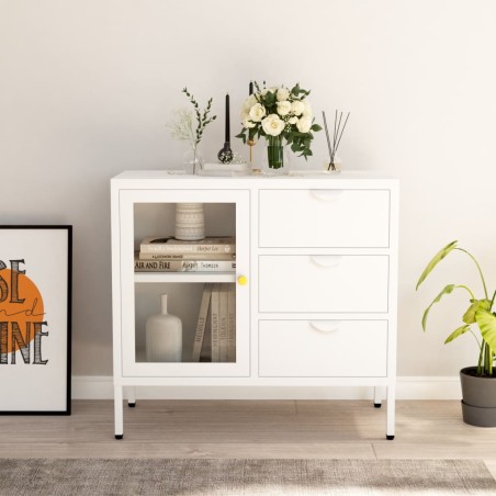 vidaXL Aparador de acero y vidrio templado blanco 75x35x70 cm