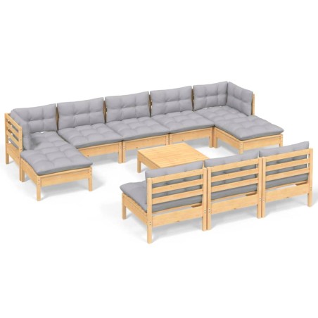 vidaXL Juego de muebles de jardín 11 pzas y cojines madera pino gris