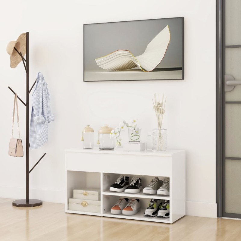 vidaXL Banco zapatero madera contrachapada blanco brillante 80x30x45cm