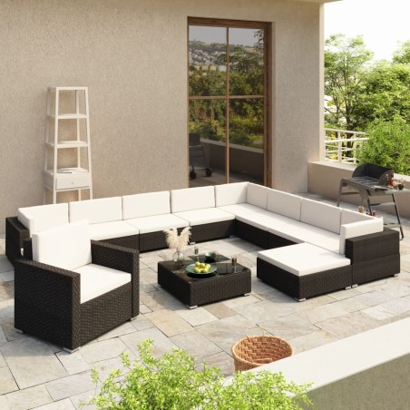 vidaXL  Set muebles de jardín 12 pzas y cojines ratán sintético negro 