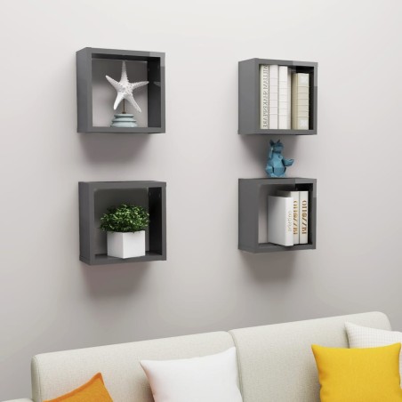 vidaXL Estantes cubo de pared 4 unidades gris brillo 30x15x30 cm