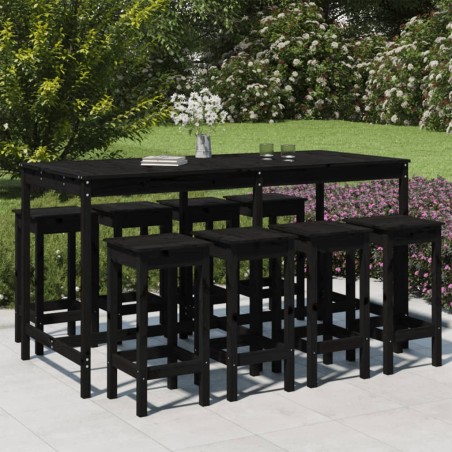 vidaXL Mesa y taburetes altos jardín 9 pzas madera maciza pino negro