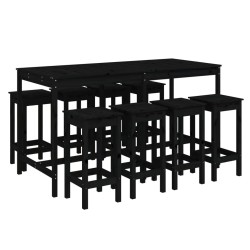 vidaXL Mesa y taburetes altos jardín 9 pzas madera maciza pino negro