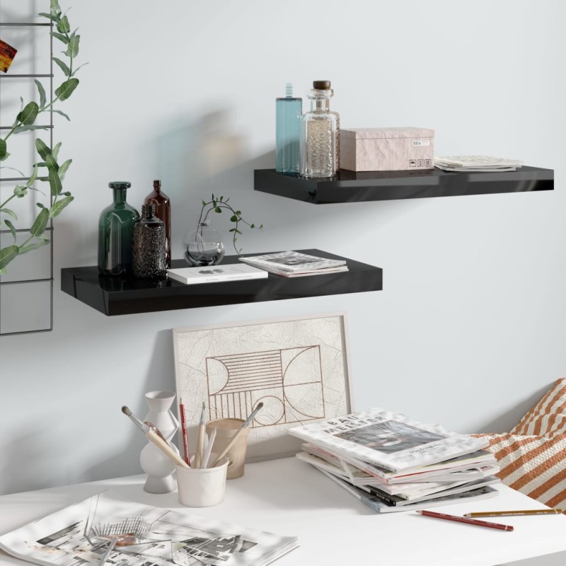 vidaXL Estante flotante de pared 2 uds MDF negro brillo 50x23x3,8 cm vidaXL Estante flotante de pared 2 uds MDF negro brillo 50x23x3,8 cm